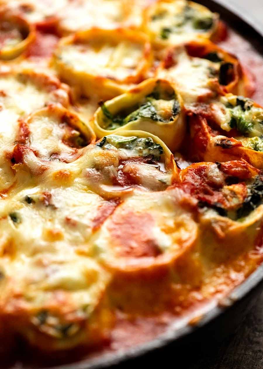 Close up of Spinach and Ricotta Rotolo fresh out of the oven