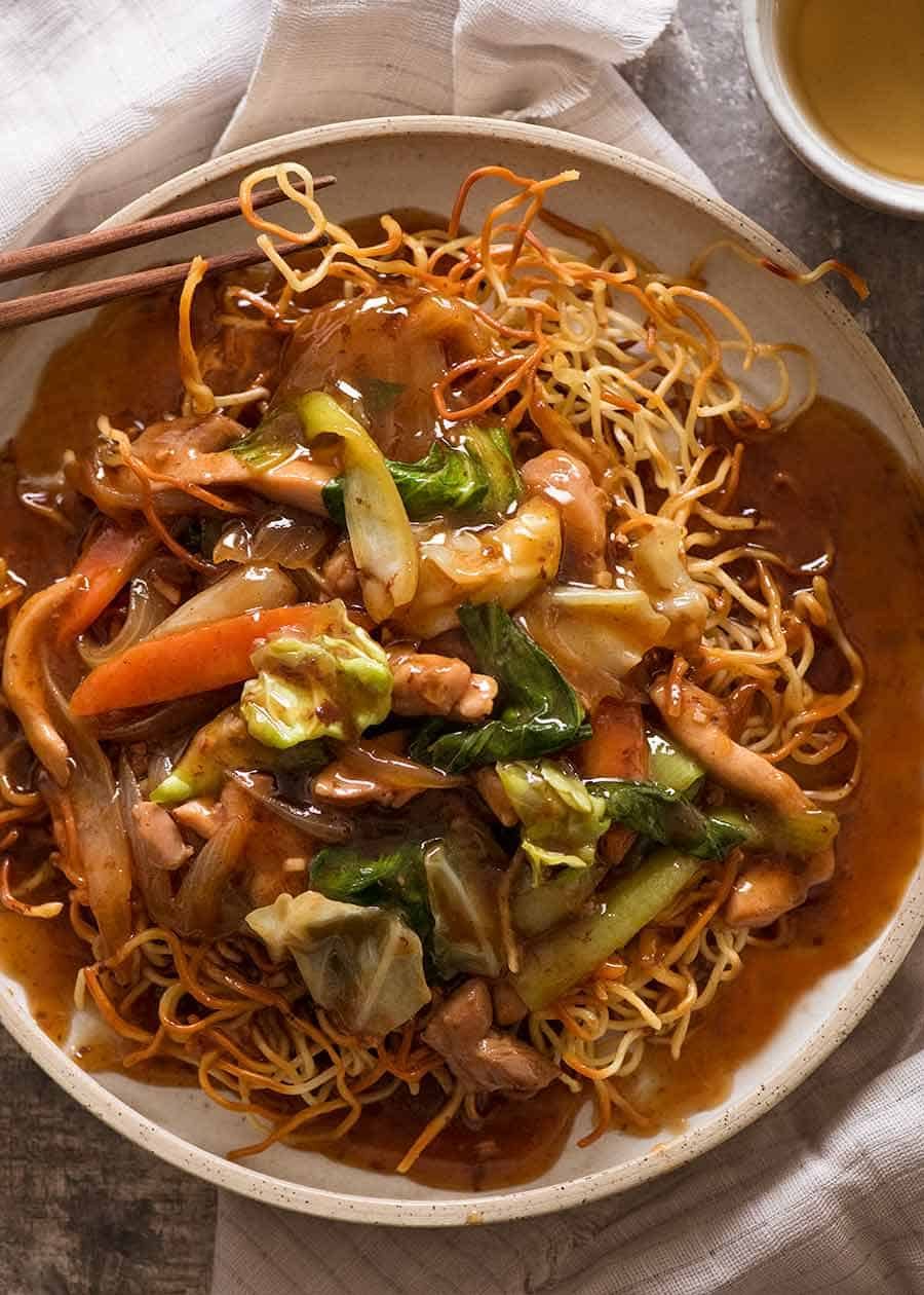 Overhead photo of Chinese Crispy Noodles (Chow Mein) on a plate, ready to be served