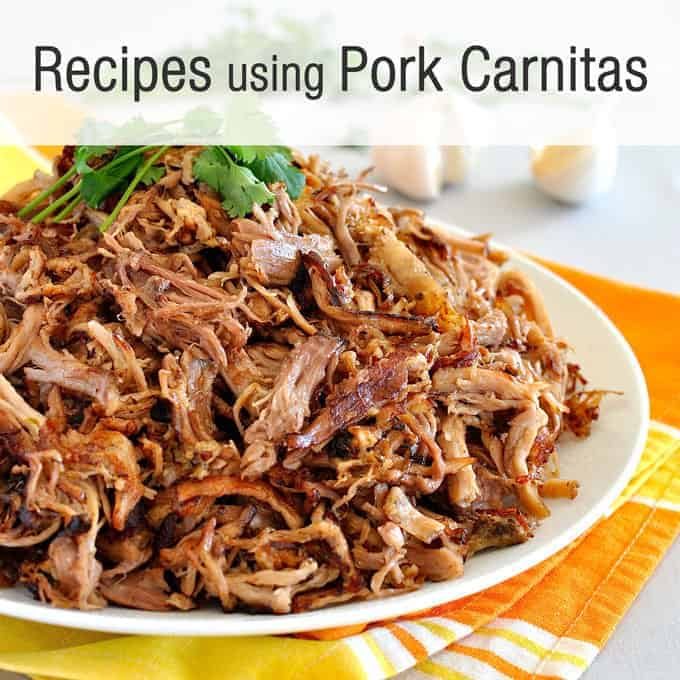 "Recipes Using Pork Carnitas" banner with a pile of carnitas