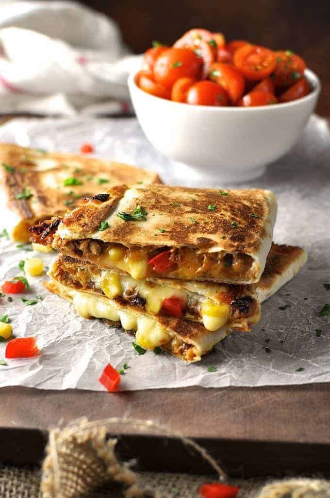 Pulled Pork Carnitas Quesadillas with caramelized onion