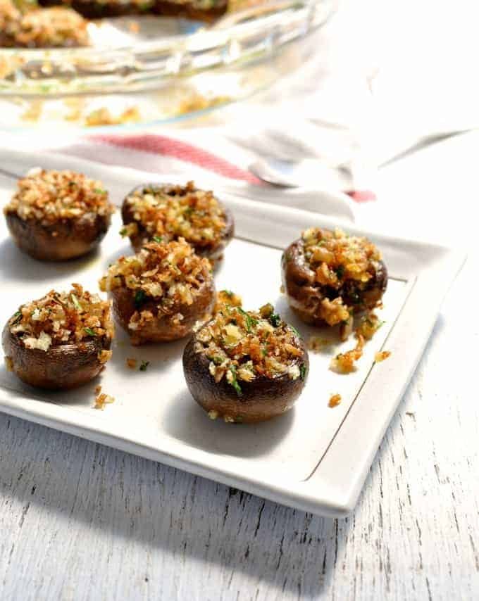 Vegetarian Garlic Stuffed Mushrooms on a plate, ready to be served