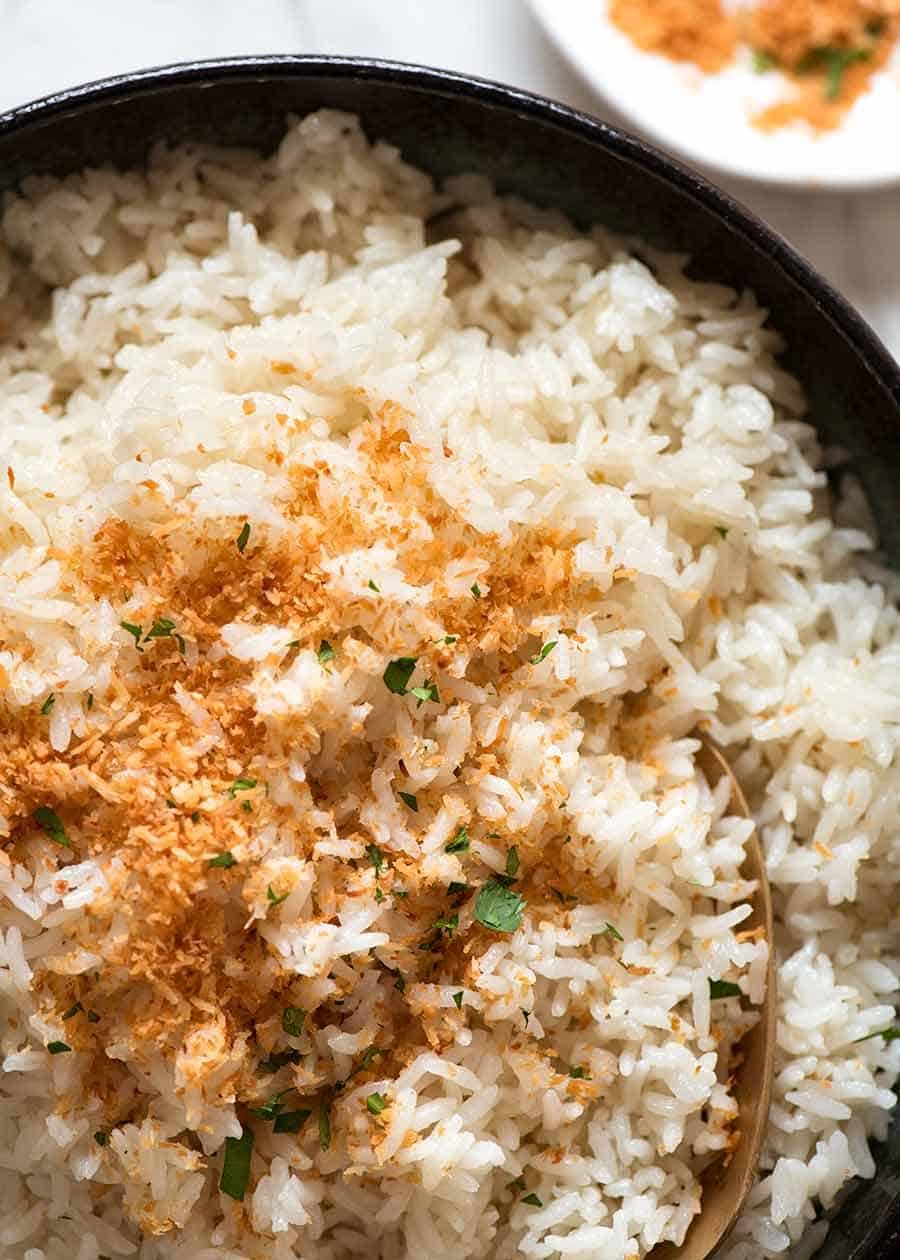 Overhead close up photo of rice made with coconut milk