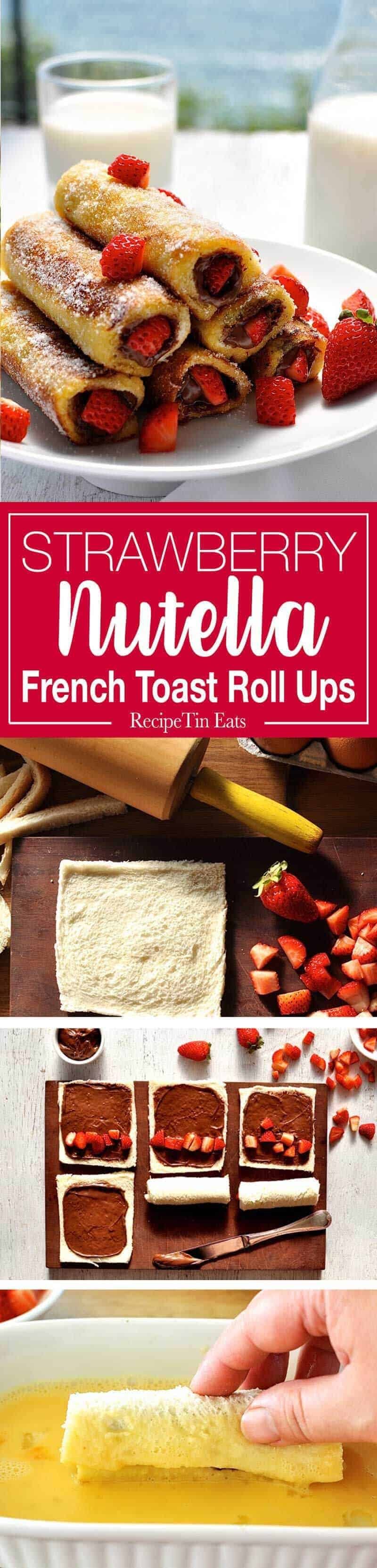 Strawberry Nutella French Toast Roll Ups - just a handful of ingredients to make these in 15 minutes. They taste like doughnuts! recipetineats.com