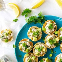 Spicy Little Muffin Tin Chicken Tostadas on a blue plate