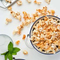 Overhead shot of Spicy Parmesan Party Popcorn in a bowl