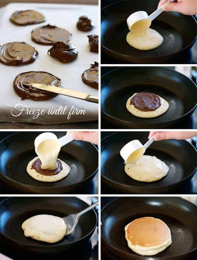 Nutella Stuffed Pancakes - frozen Nutella discs makes it a breeze to make these Nutella stuffed pancakes!