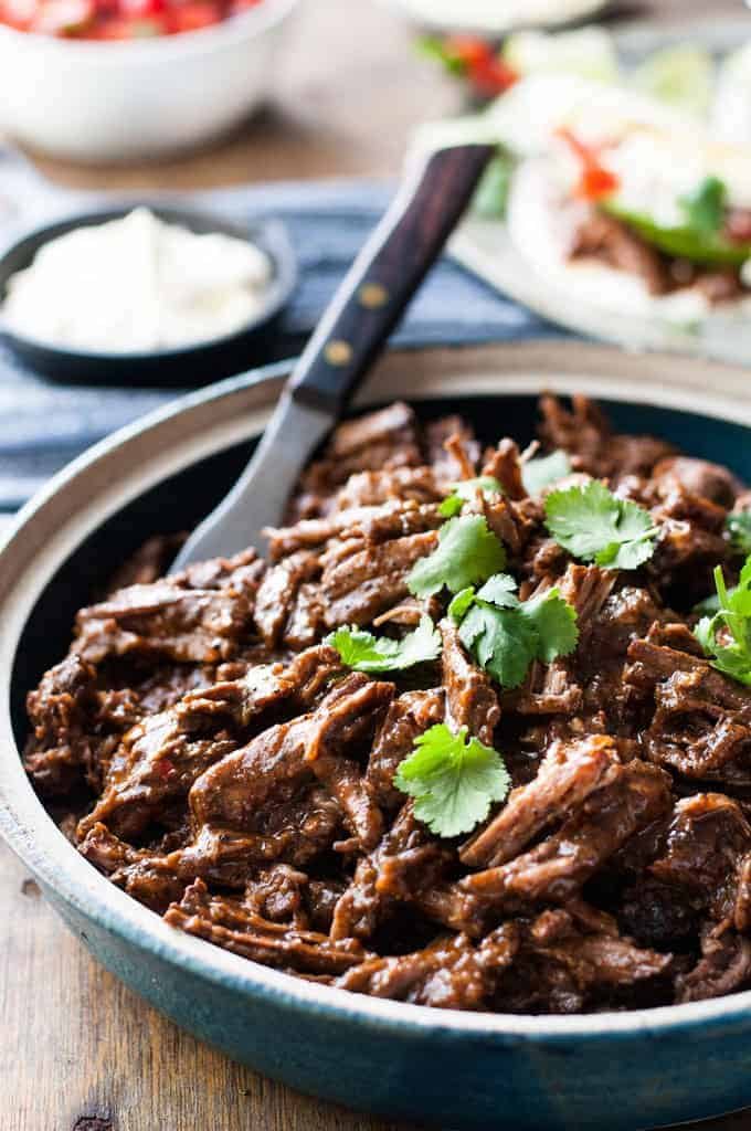 Shredded Beef in bowl for Shredded Beef Burritos 