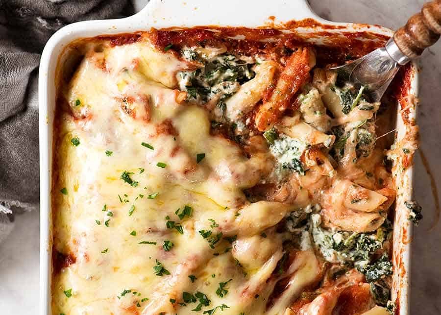 Overhead photo of Spinach Ricotta Pasta Bake fresh out of the oven, ready to be served