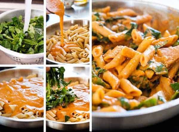 Photo sequence showing steps for making Creamy Sun Dried Tomato Penne