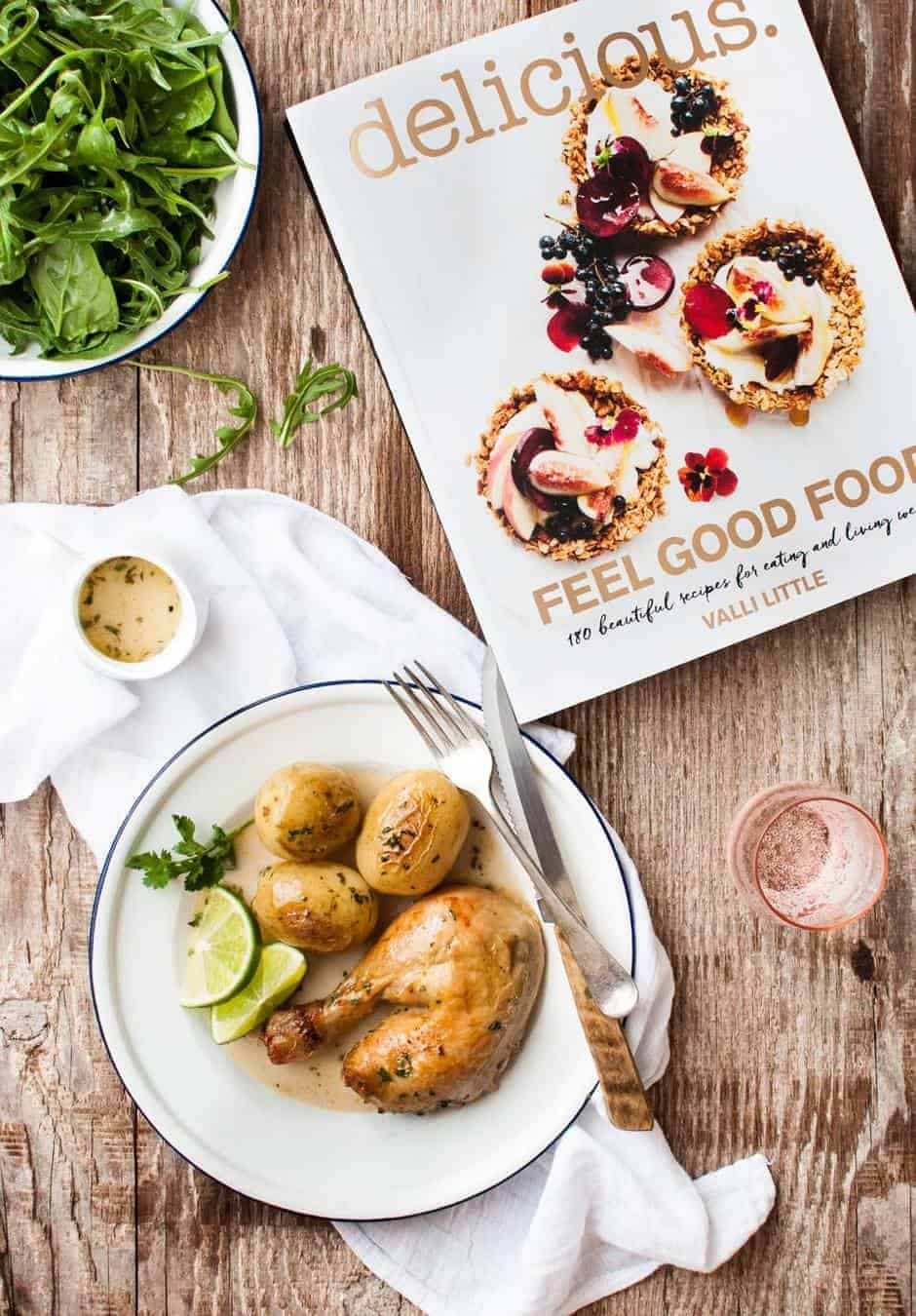 Leg of pot roasted coconut chicken with potatoes and Delicious magazine