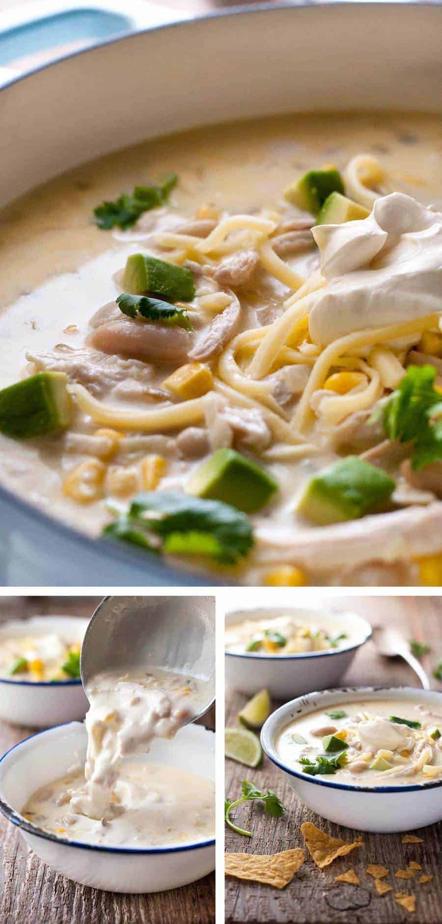 Close up of White Chicken Enchilada Soup in a pale blue French cast iron pot.