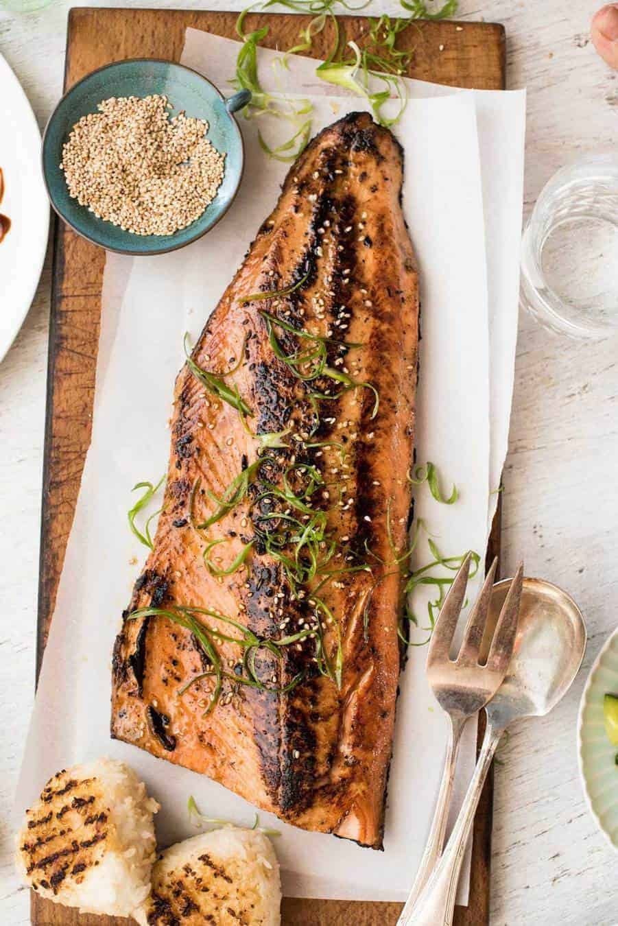 Miso Salmon Side on a wooden board, ready to be served.