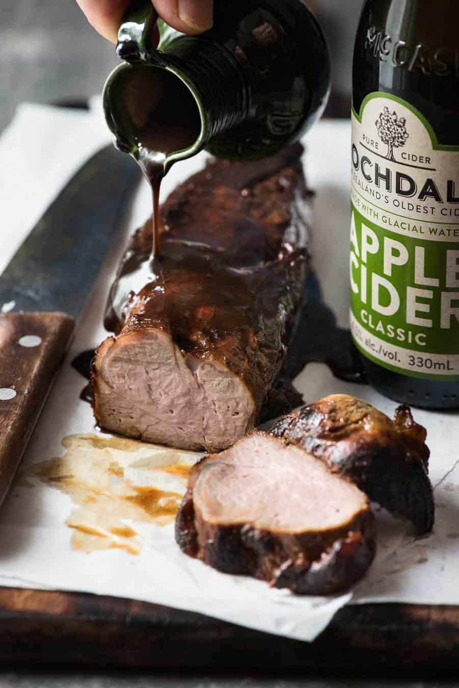 Apple Cider Glazed Pork Tenderloin - Apple Cider is a secret weapon to marinade pork tenderloin so it's juicy AND to make an incredible glaze!
