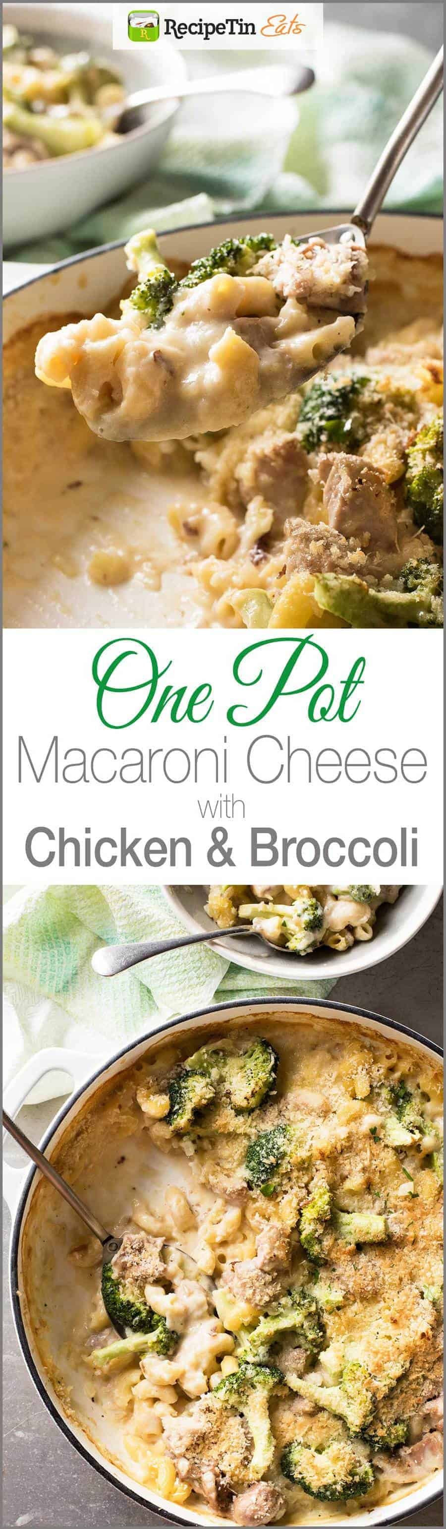 Baked Macaroni and Cheese with Chicken & Broccoli - Made in one pot, cheesy and creamy but made without a drop of cream!