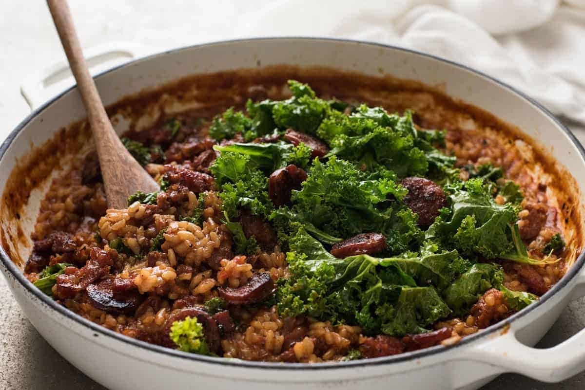 A pot of Chorizo Risotto with Kale