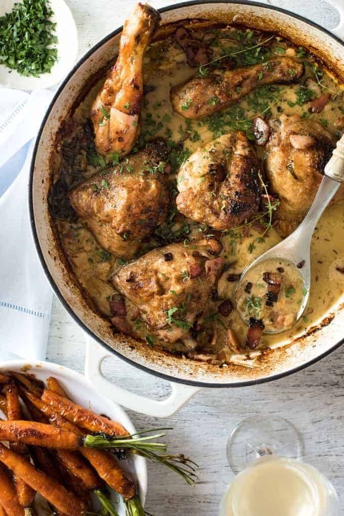 Creamy Chicken in White Wine Sauce - So easy to prepare, then just let it braise in the oven until the chicken is tender. The sauce is incredible! recipetineats.com