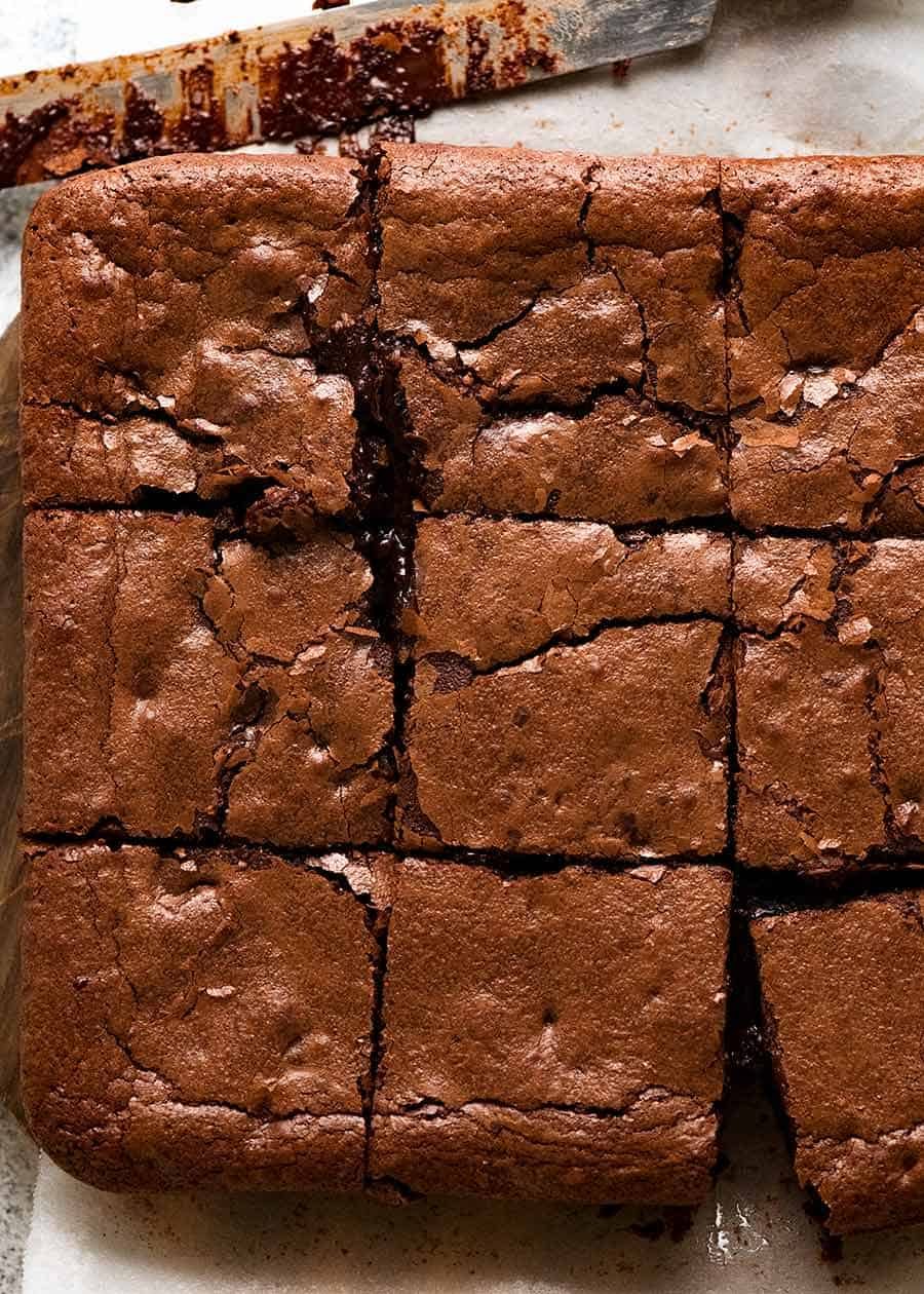 Overhead photo of brownies with crackly top