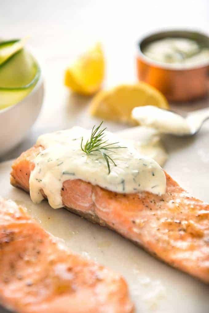 Creamy Dill Sauce for Salmon or Trout - A simple, refreshing sauce that pairs beautifully with rich salmon. Dinner on the table in 15 minutes! www.recipeteineats.com