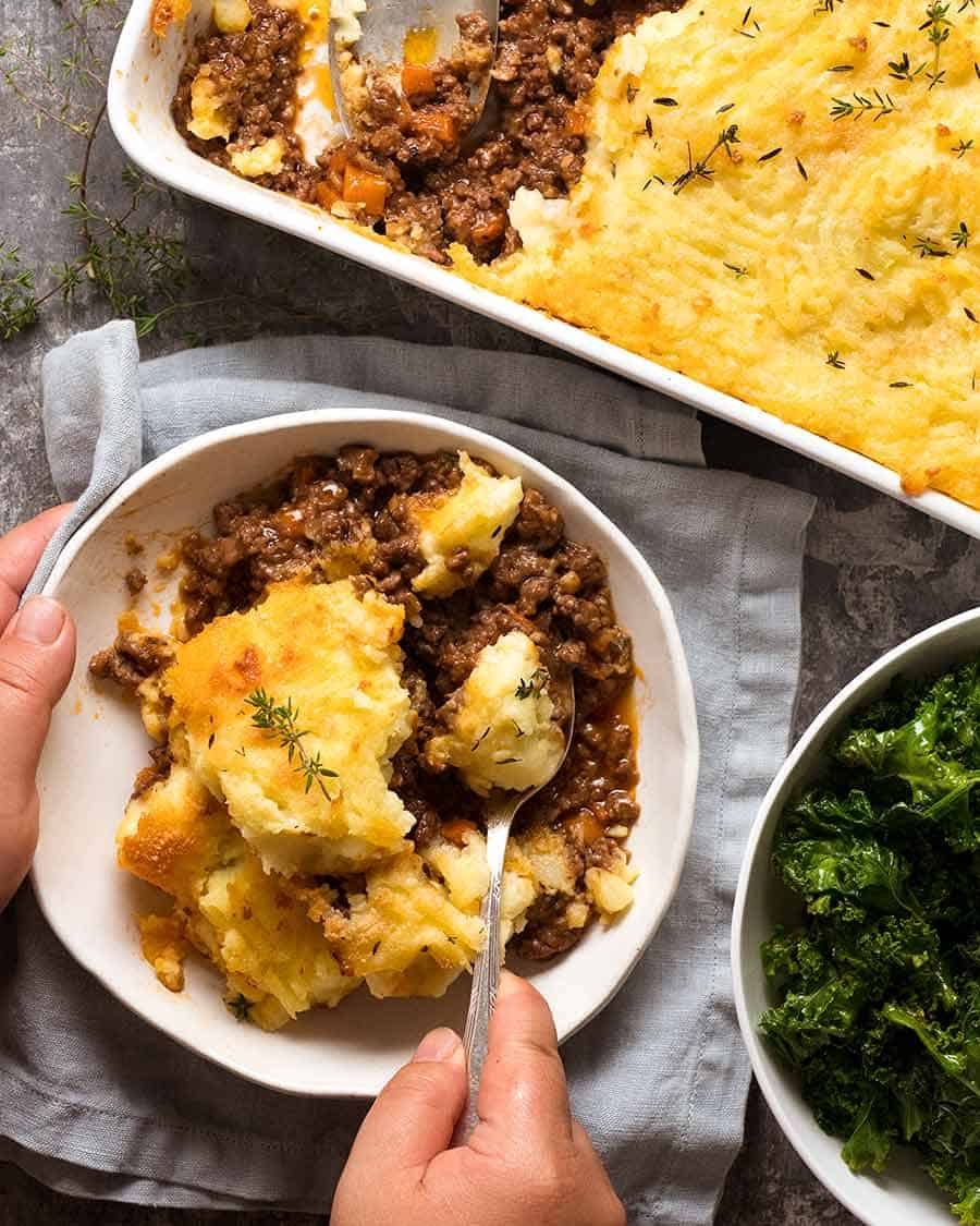 Overhead photo of Cottage Pie in a bowl being eaten
