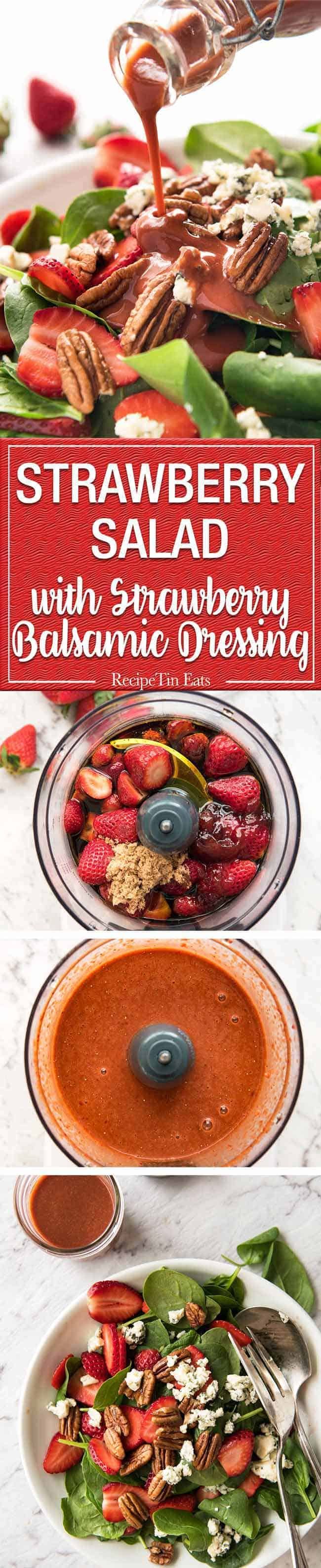 A stunning Chef recipe for a Strawberry Spinach Salad. Spinach, fresh strawberries, blue cheese and candied pecans with a Strawberry Balsamic Dressing. recipetineats.com