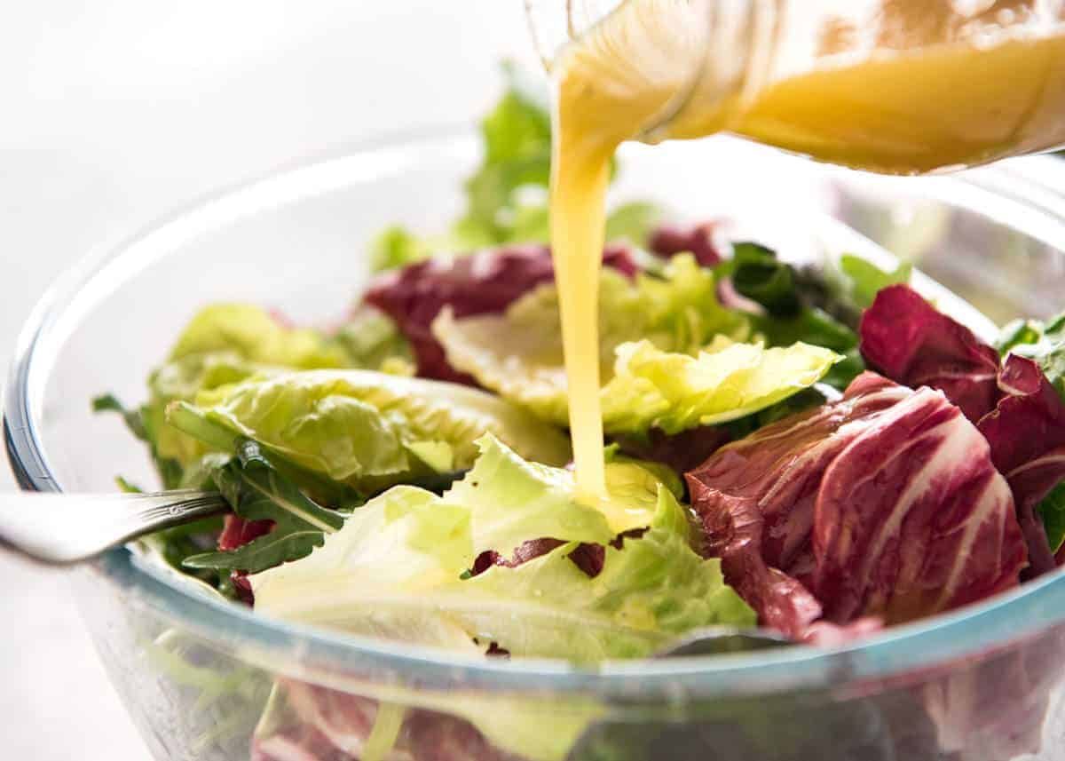 French Salad Dressing (French Vinaigrette) - Made with olive oil, mustard, white wine vinegar and eschalot/shallot. Keeps for up to 2 weeks. recipetineats.com