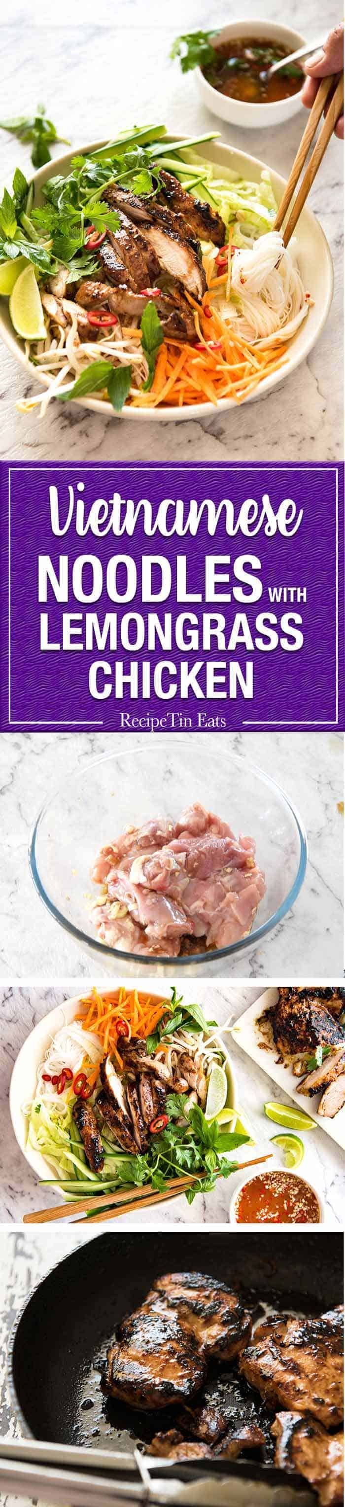 Vietnamese Noodles with Lemongrass Chicken (Bun Ga Nuong) - The popular Vietnamese dish made with Vermicelli noodles topped with fresh vegetables, lemongrass marinated chicken and drizzled with Nuoc Cham. Absolutely lip smackingly delicious! recipetineats.com