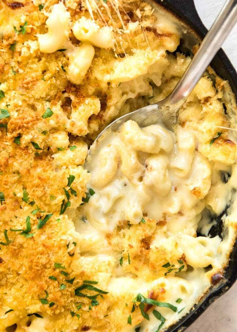 Overhead photo of Baked Mac and Cheese in a skillet, fresh out of the oven.