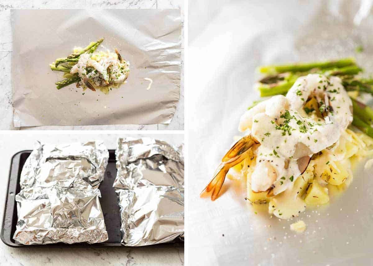 Creamy Garlic Shrimp, Cheesy Potatoes and asparagus - serious contender for the BEST foil packet recipe ever! recipetineats.com