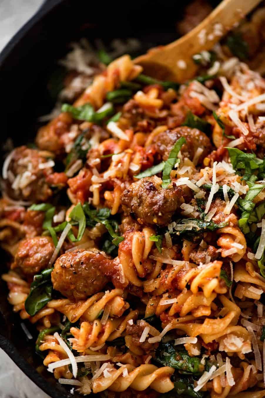 A quick and easy Sausage Pasta made using chopped up Italian sausages that look like meatballs! recipetineats.com