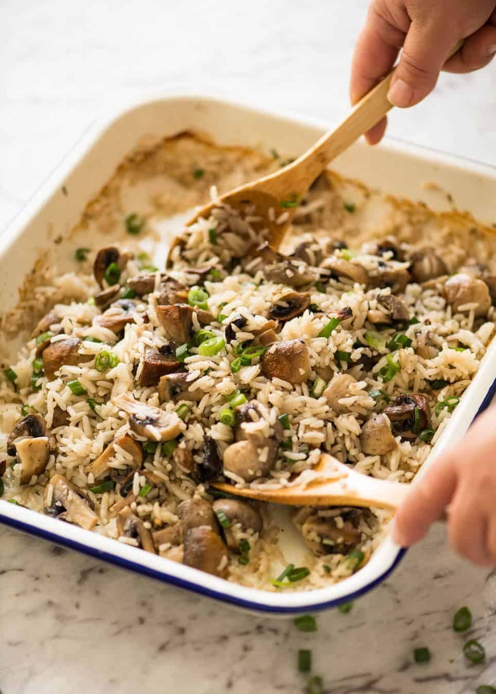 Baked Mushroom Rice - buttery, garlicky, golden brown juicy mushrooms and fluffy rice, all baked in one pan! recipetineats.com