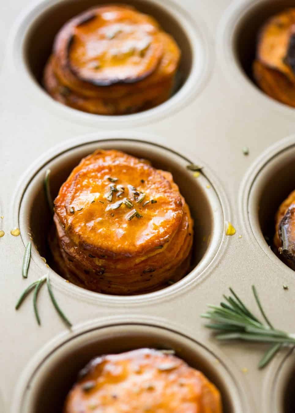 These Roasted Sweet Potato Stacks have crispy edges, are buttery, salty and sweet with a hint of rosemary. Terrific Sweet Potato side dish! recipetineats.com