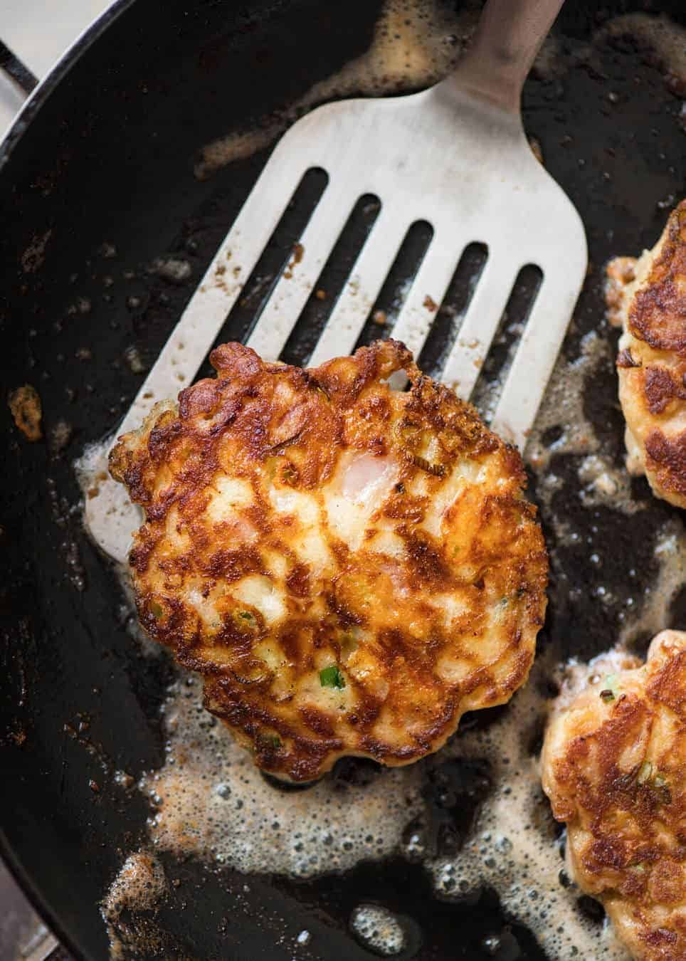 Cheese and Ham Pancakes - golden crispy cheesy outsides, fluffy insides with pops of ham (or bacon). These are epic! www.recipetineats.com