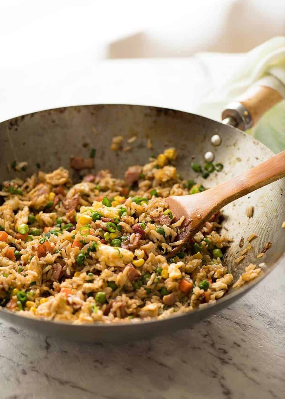 Egg Fried Rice in a silver wok.