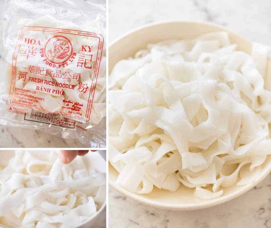 Fresh rice noodles in a packet and in a bowl, ready to be cooked