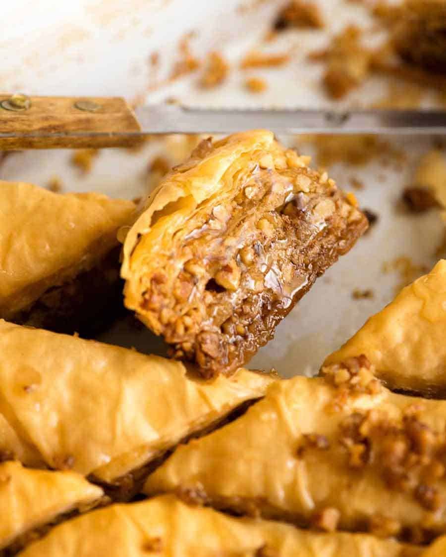 Close up of a piece of Baklava
