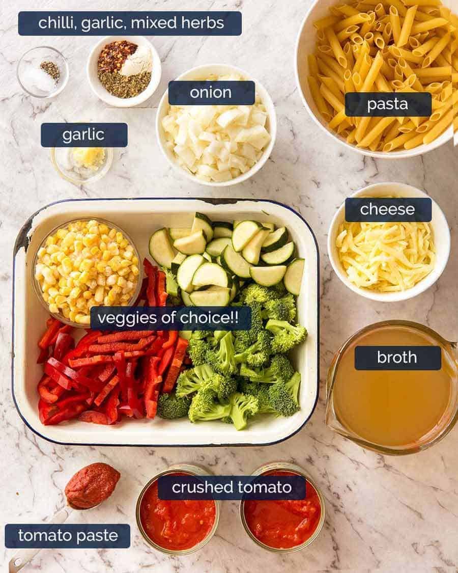 Ingredients in One Pot Vegetable Pasta (healthy pasta recipe)