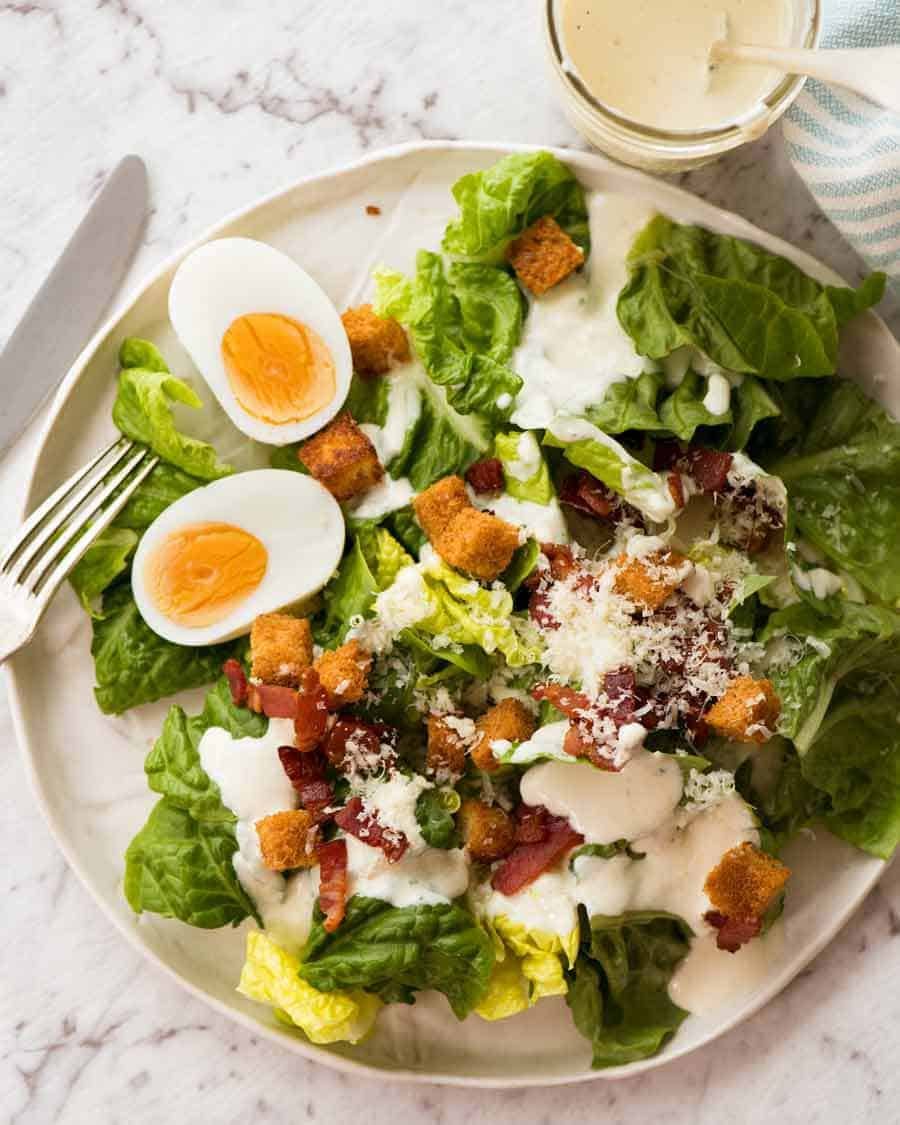 Overhead photo of Healthy Caesar with Yogurt Dressing (no mayo)