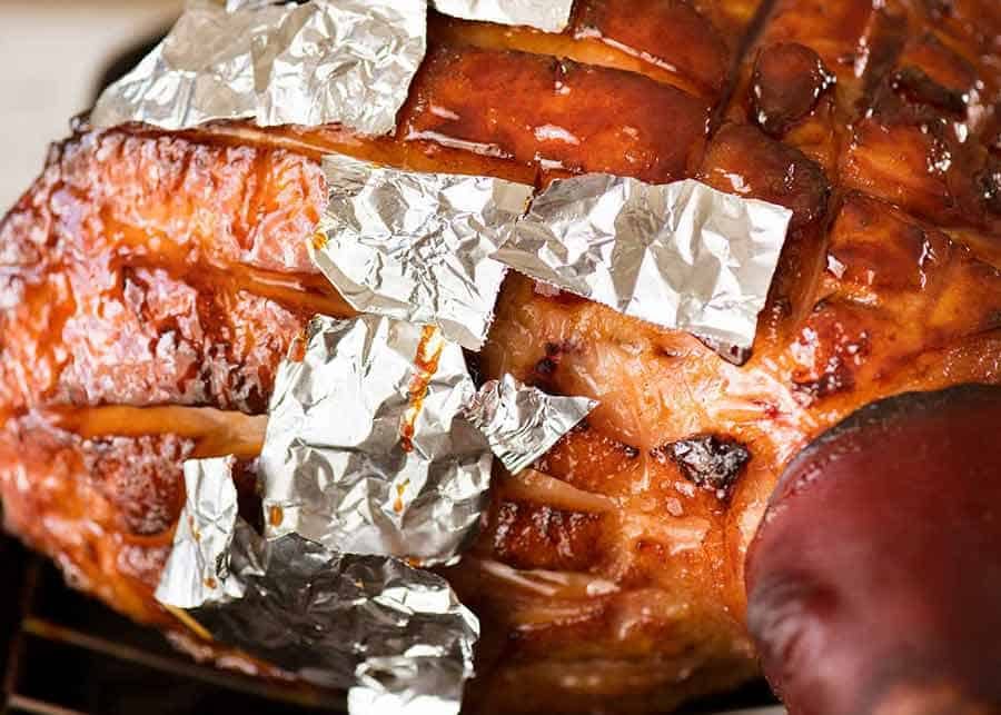 Foil patches on Brown Sugar Glazed Ham