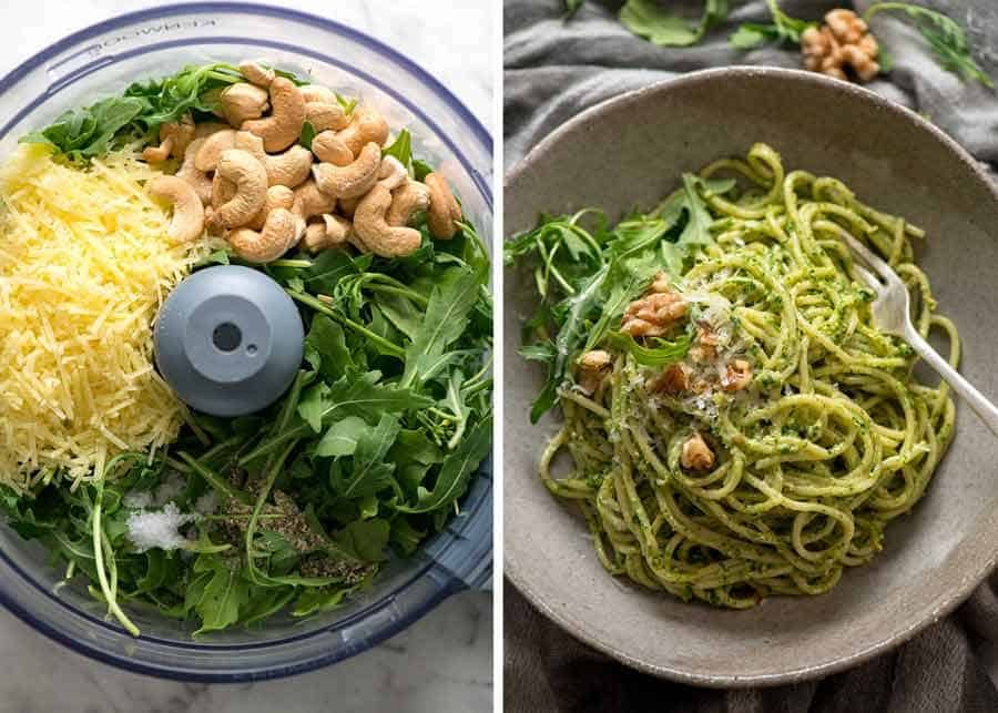 Pesto with rocket arugula and cashews or walnuts in a rustic bowl, ready to be eaten