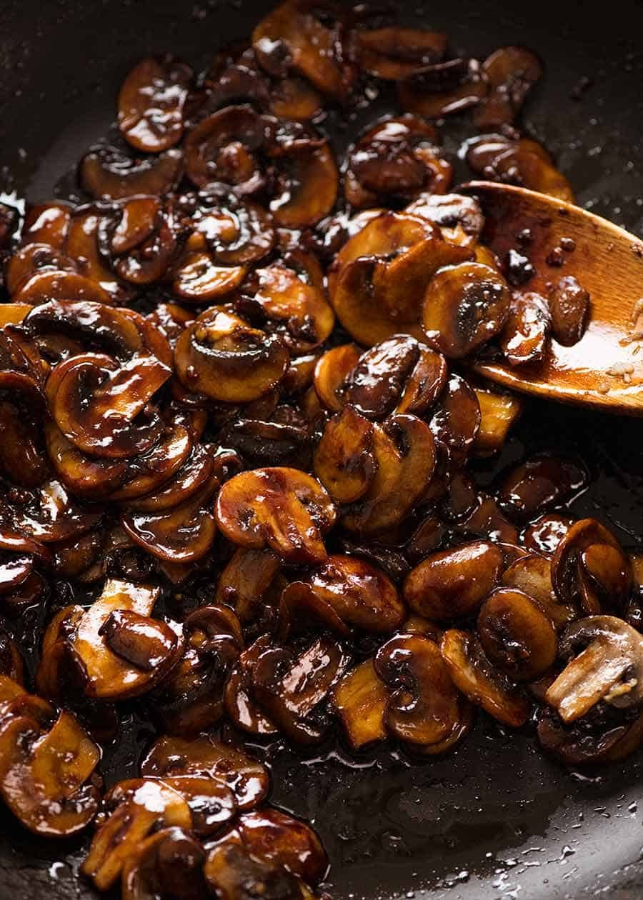 Close up of caramelised Asian Mushrooms for Asian Mushroom Ramen Noodles