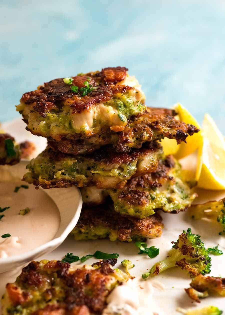 A stack of Broccoli Chicken Fritters