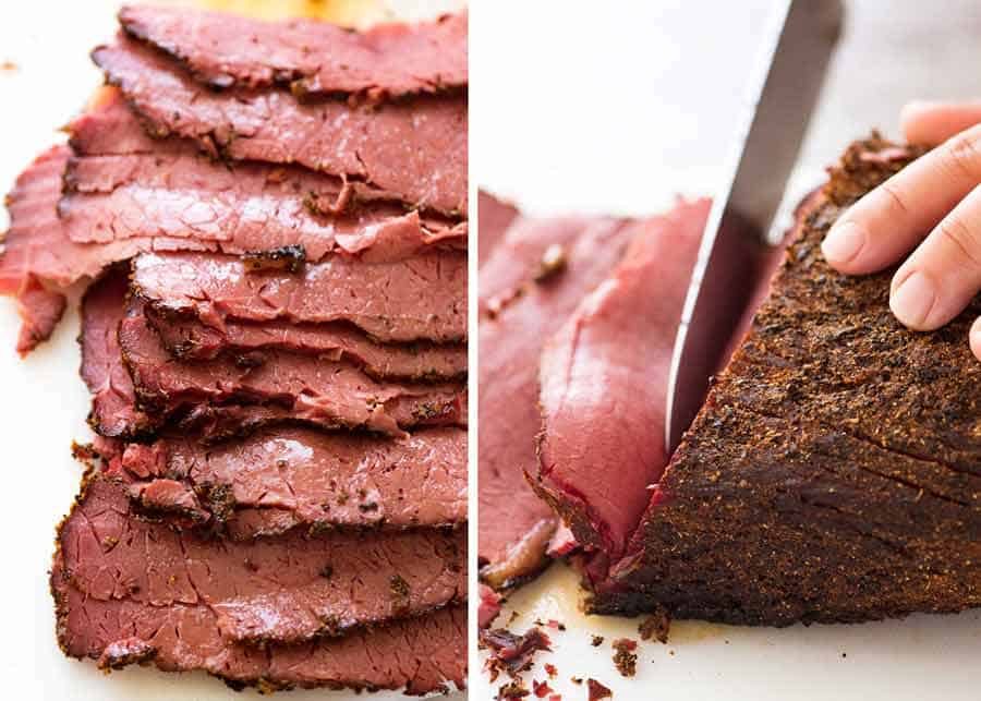 Slices of Homemade pastrami (easy recipe, no smoker)