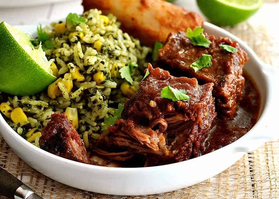 Close up of Mexican Beef Short Ribs in a white bowl