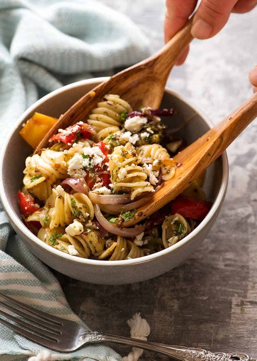Serving cold pasta salad