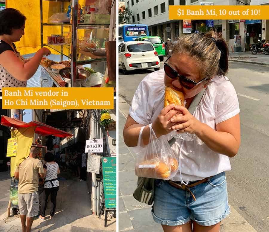 Nagi eating Banh Mi in Saigon Vietnam