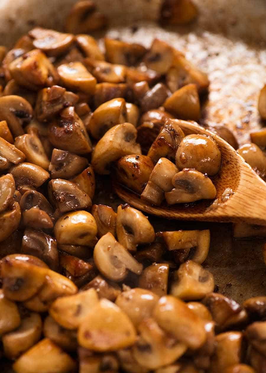 Close up of sautéed mushrooms for Chicken Lasagna