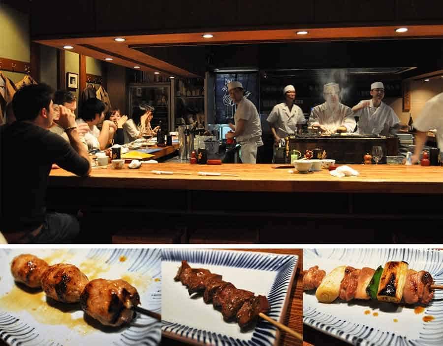 Birdland yakitori restaurant Ginza Tokyo - inside the restaurant and two dishes.