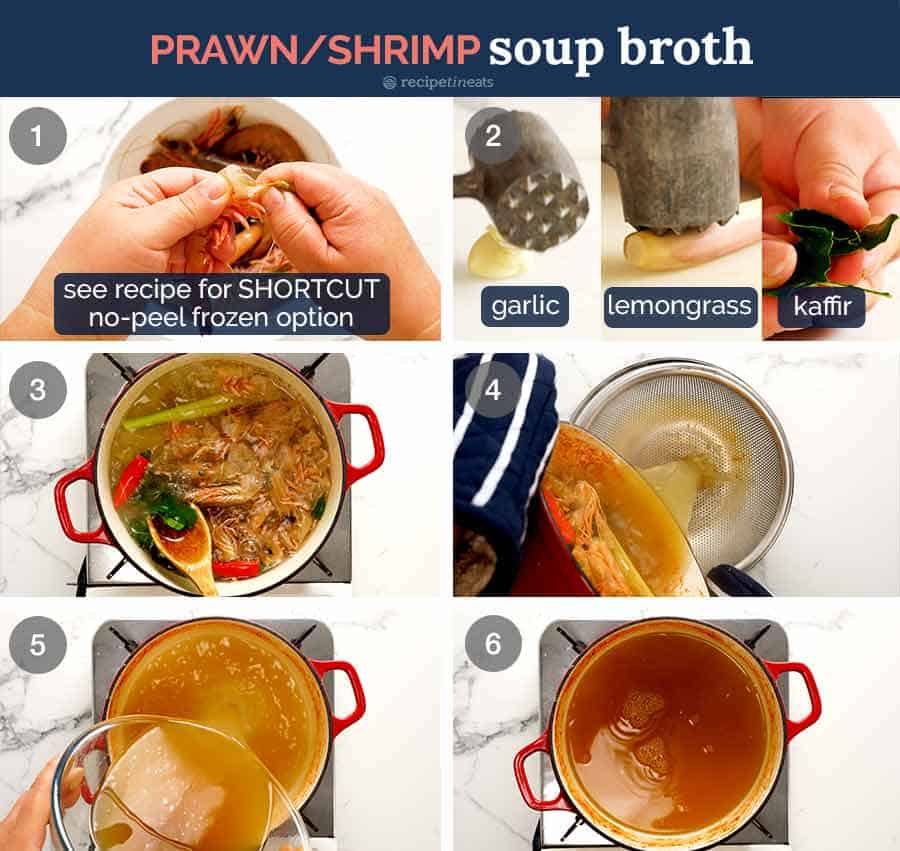 Process steps illustrating how to make the broth for Thai Tom Yum Soup