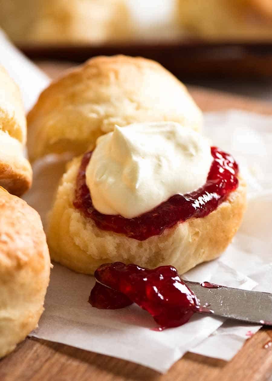 Close up of Lemonade Scones with jam and cream