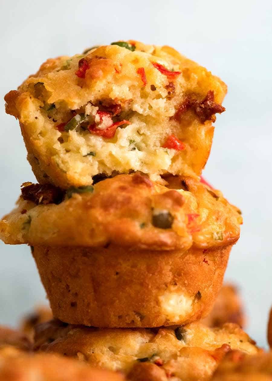 Stack of 3 Mediterranea Savoury Muffins - cheesy muffins with olives, sun dried tomatoes, roasted peppers, feta and cheese